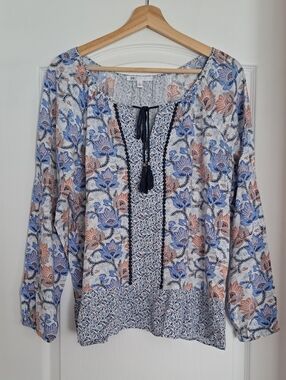 DR2 Blue and Rust Floral Peasant Top with Tassel Tie
